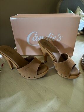 Candie's Tan Suede Studded Platform Mule Heels